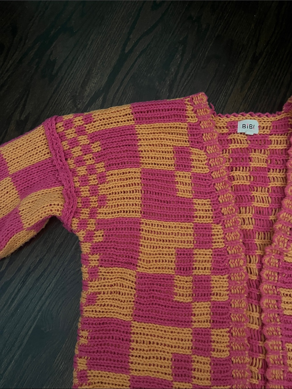 BiBi Pink & Burnt Orange Checkered Chunky Knit Cardigan oversized size S - Picture 4 of 7